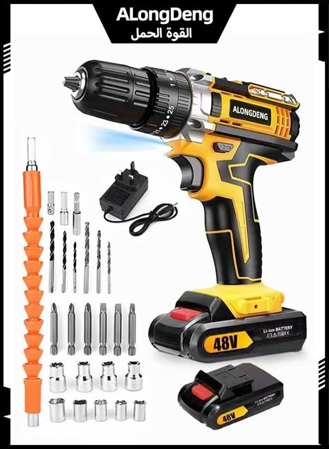 48V Cordless Drill Set Power Drill Kit with 1PCS Battery 25 Position 2 Variable Speed 3/8'' Keyless Chuck Fast Charger and 24 Pcs Accessories with Case